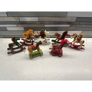 Vintage Wooden Rocking Horses Hand Painted Christmas Tree Ornament Figures